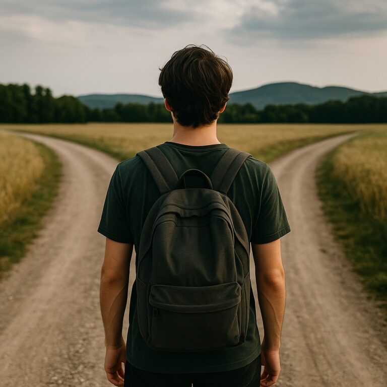 Young adult standing at a crossroads symbolizing life direction and mentoring.